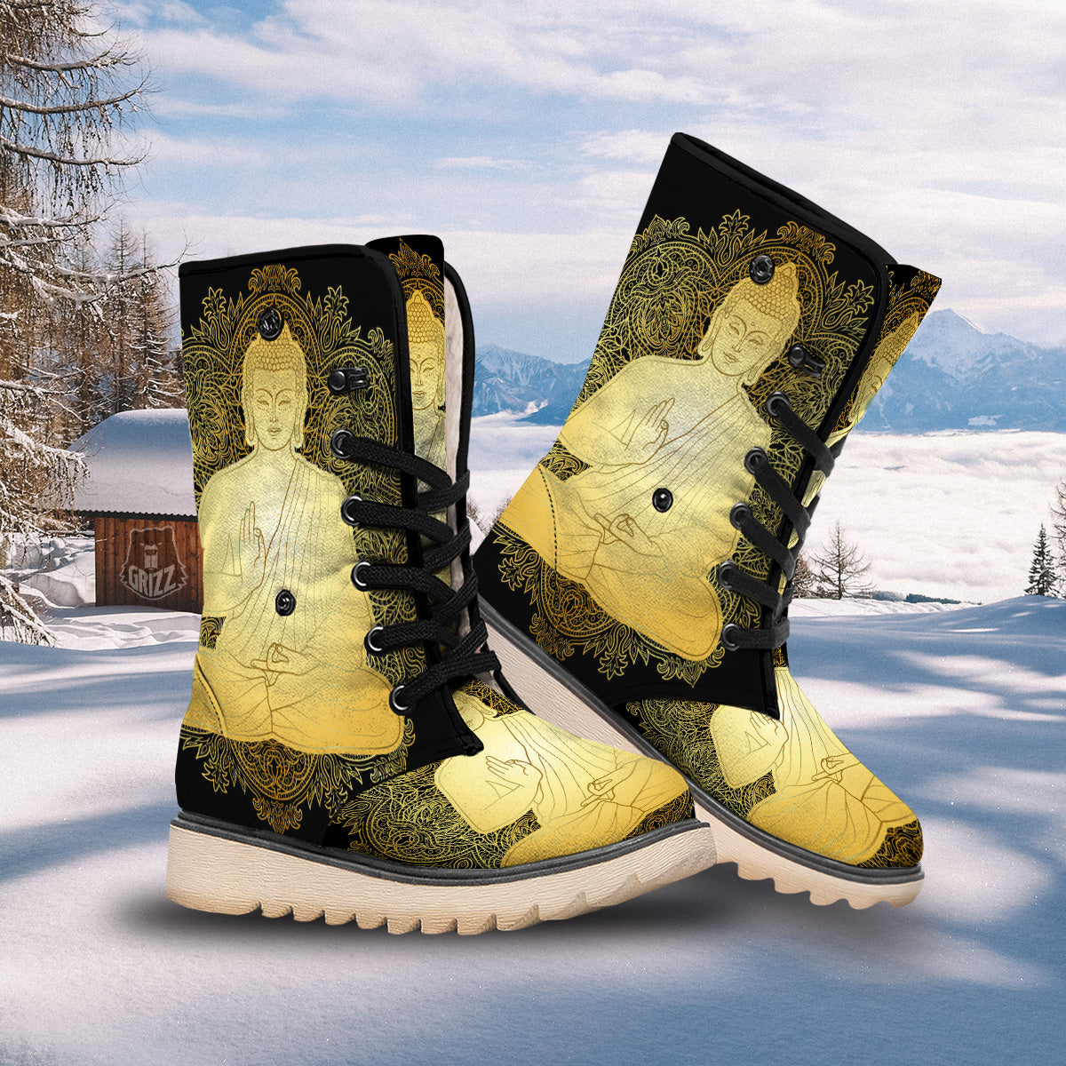Mandala Buddha Statue Print Snow Boots-grizzshop