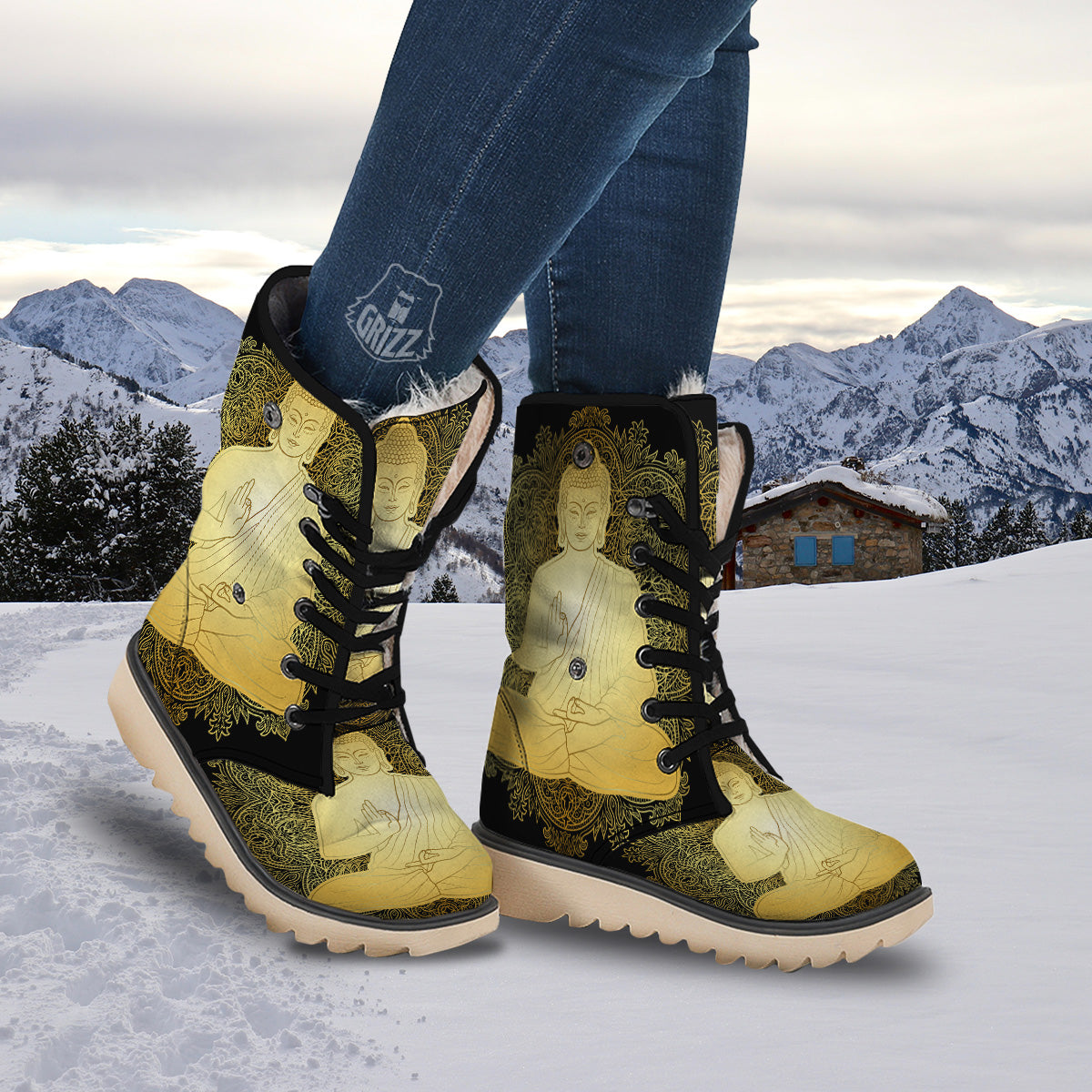 Mandala Buddha Statue Print Snow Boots-grizzshop