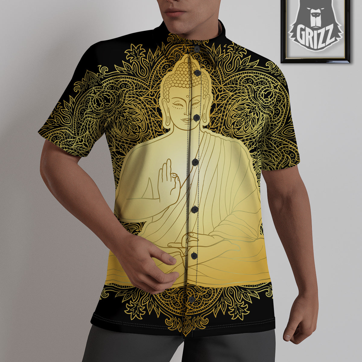 Mandala Buddha Statue Print Untucked Shirts-grizzshop