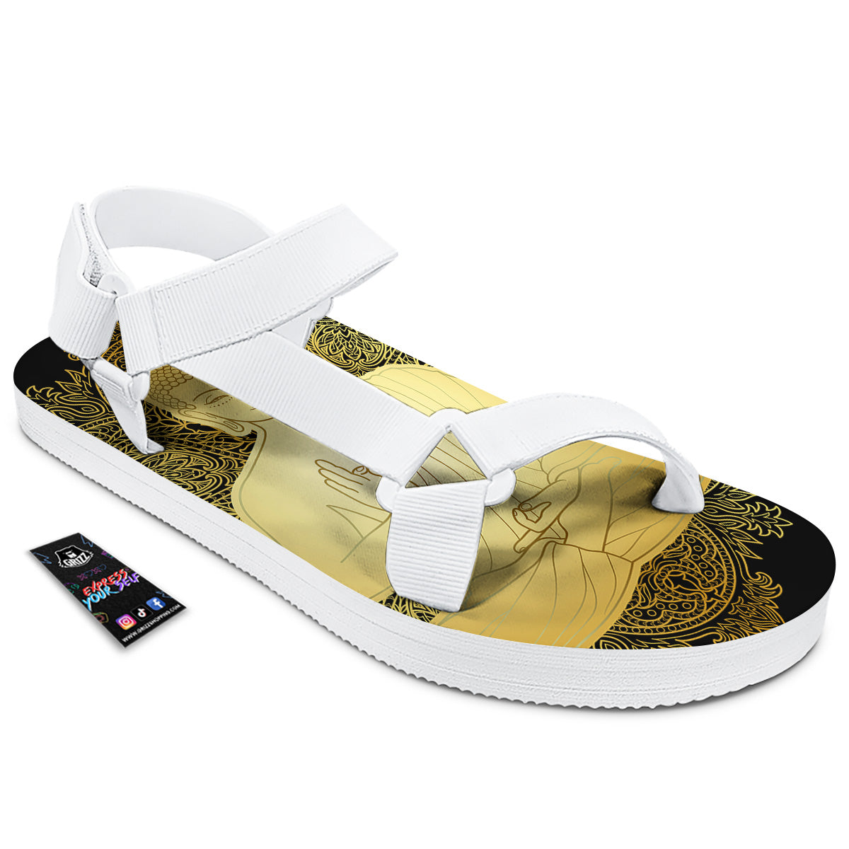Mandala Buddha Statue Print White Open Toe Sandals-grizzshop
