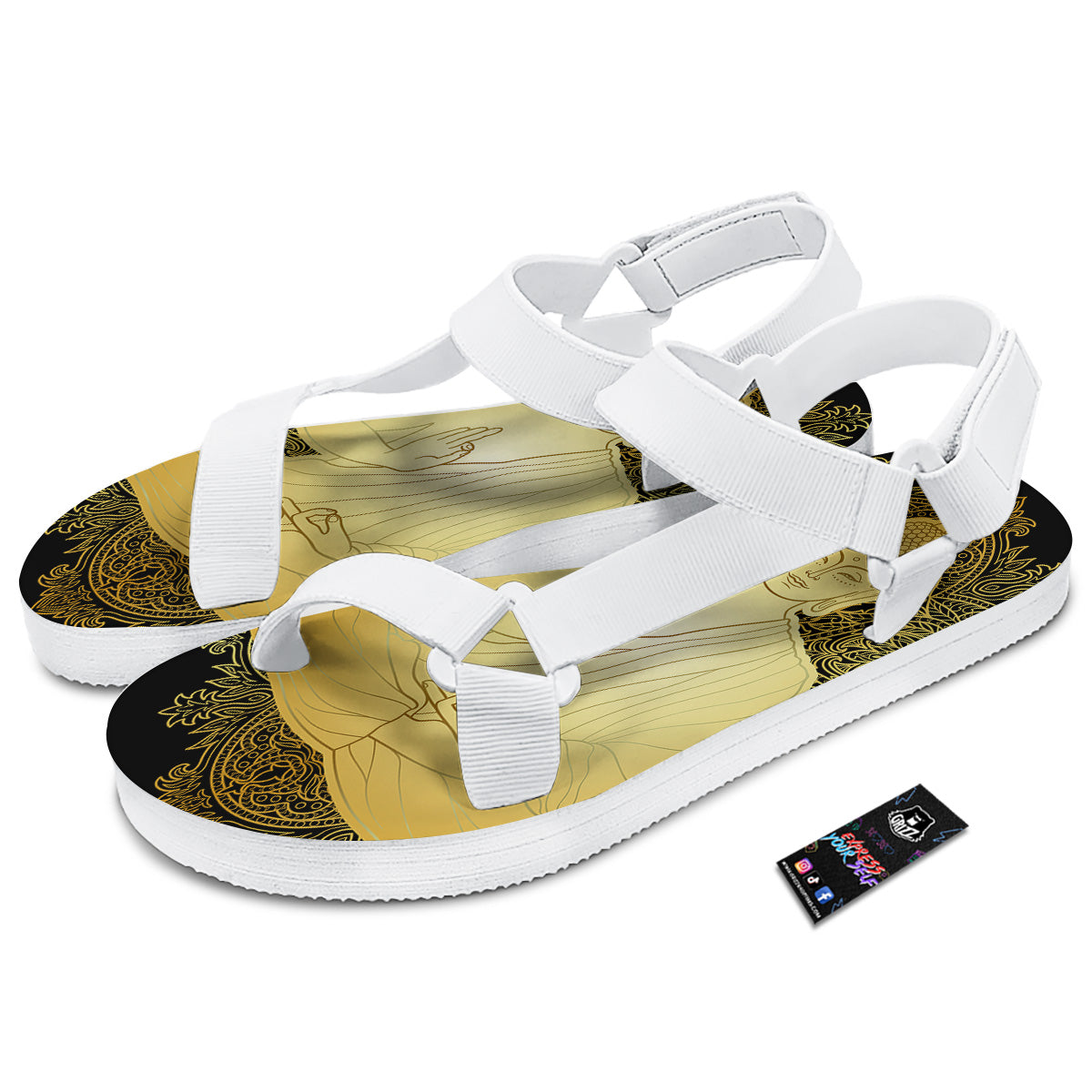 Mandala Buddha Statue Print White Open Toe Sandals-grizzshop
