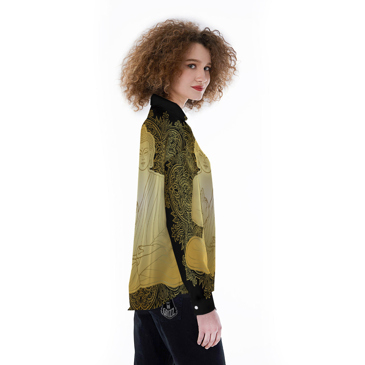 Mandala Buddha Statue Print Women's Long Sleeve Shirts-grizzshop