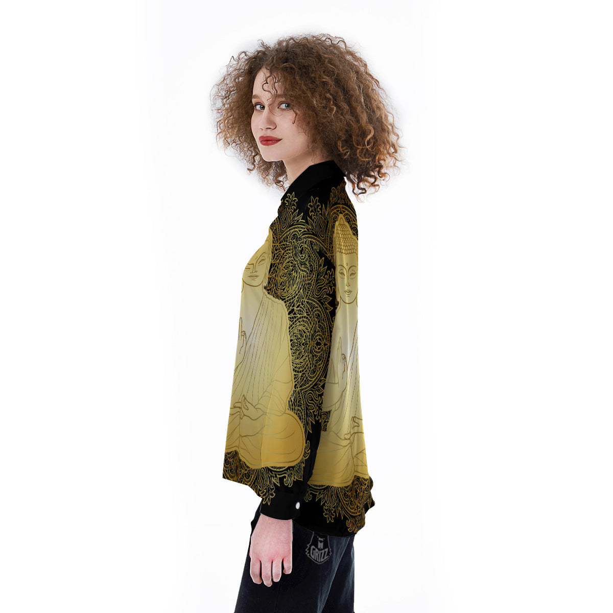 Mandala Buddha Statue Print Women's Long Sleeve Shirts-grizzshop