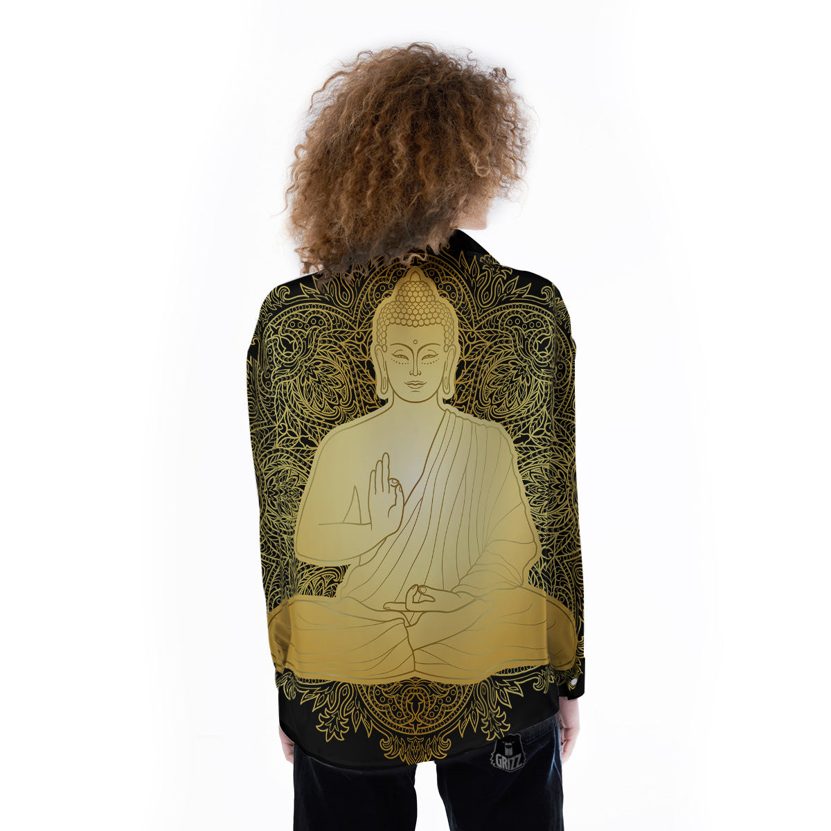Mandala Buddha Statue Print Women's Long Sleeve Shirts-grizzshop