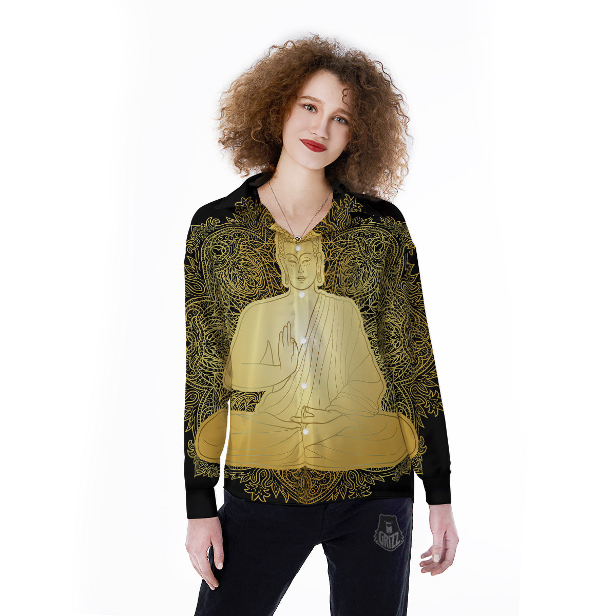 Mandala Buddha Statue Print Women's Long Sleeve Shirts-grizzshop