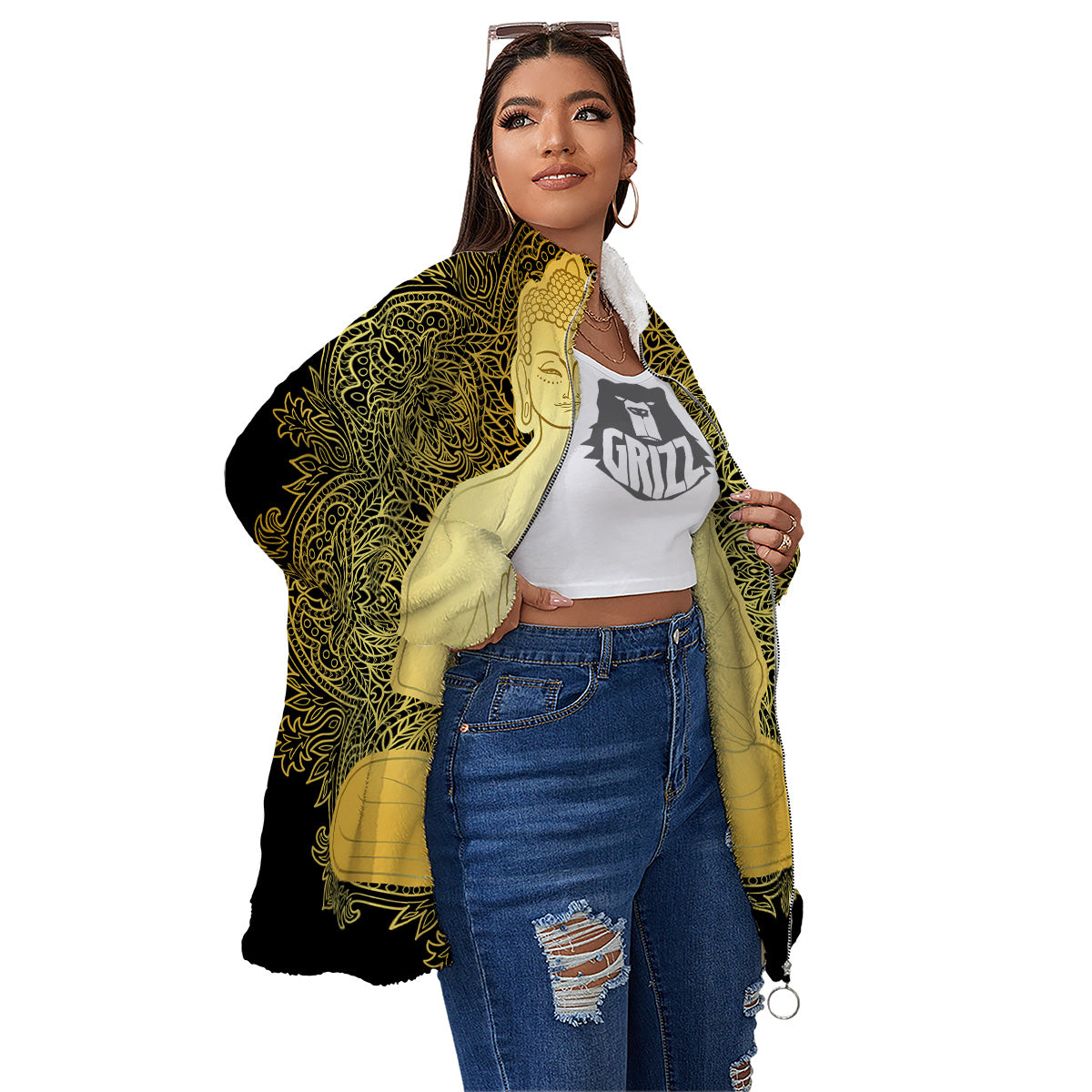 Mandala Buddha Statue Print Women's Sherpa Jacket-grizzshop
