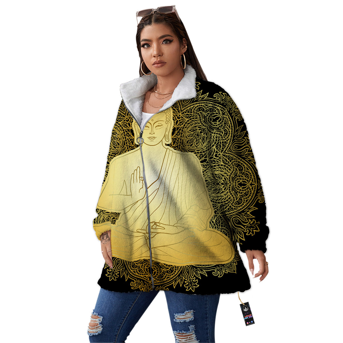 Mandala Buddha Statue Print Women's Sherpa Jacket-grizzshop