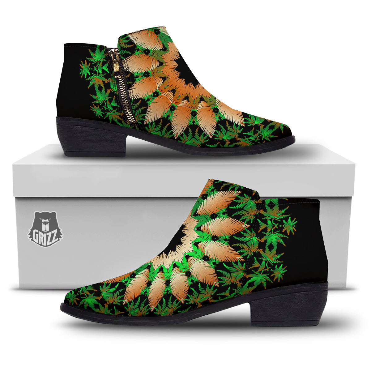 Mandala Cannabis Leaf Print Ankle Boots-grizzshop
