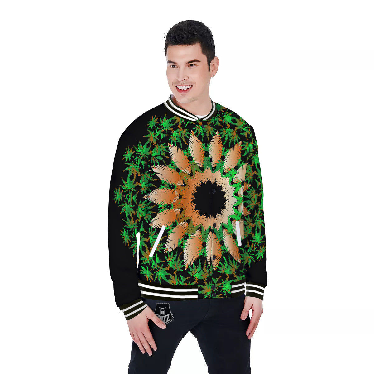 Mandala Cannabis Leaf Print Baseball Jacket-grizzshop