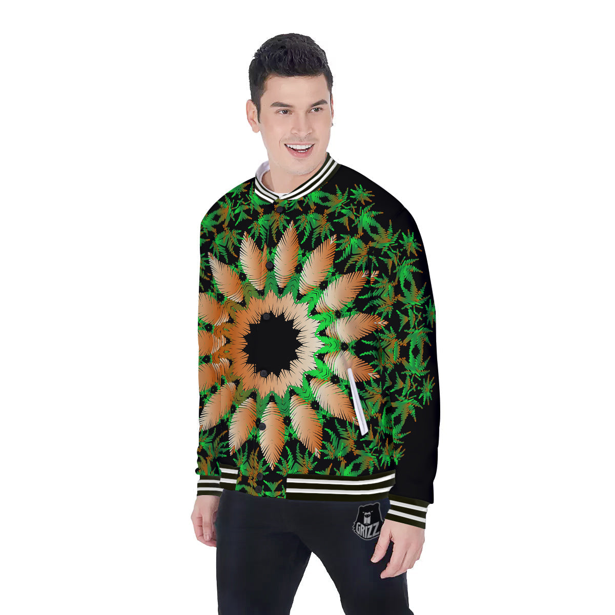Mandala Cannabis Leaf Print Baseball Jacket-grizzshop