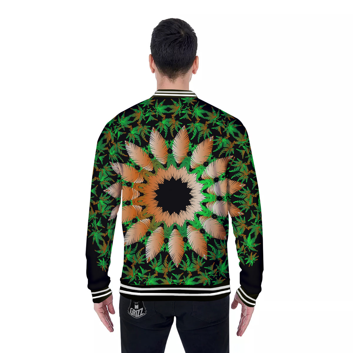 Mandala Cannabis Leaf Print Baseball Jacket-grizzshop