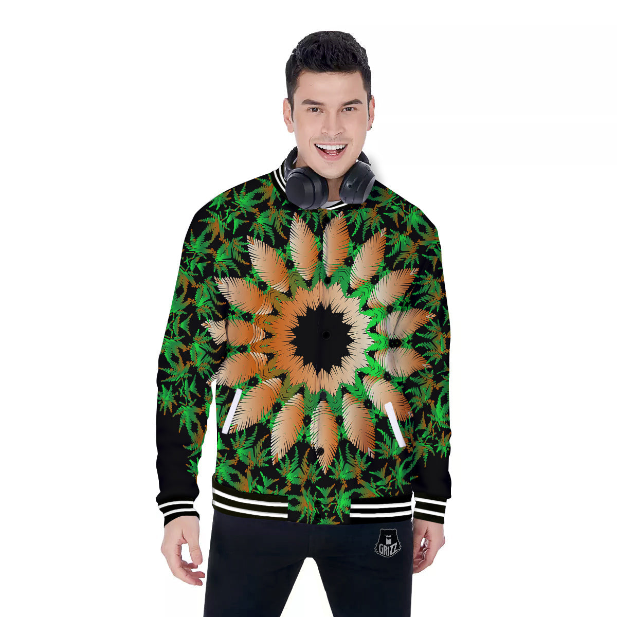 Mandala Cannabis Leaf Print Baseball Jacket-grizzshop