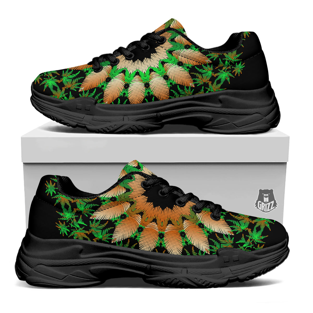 Mandala Cannabis Leaf Print Black Chunky Shoes-grizzshop
