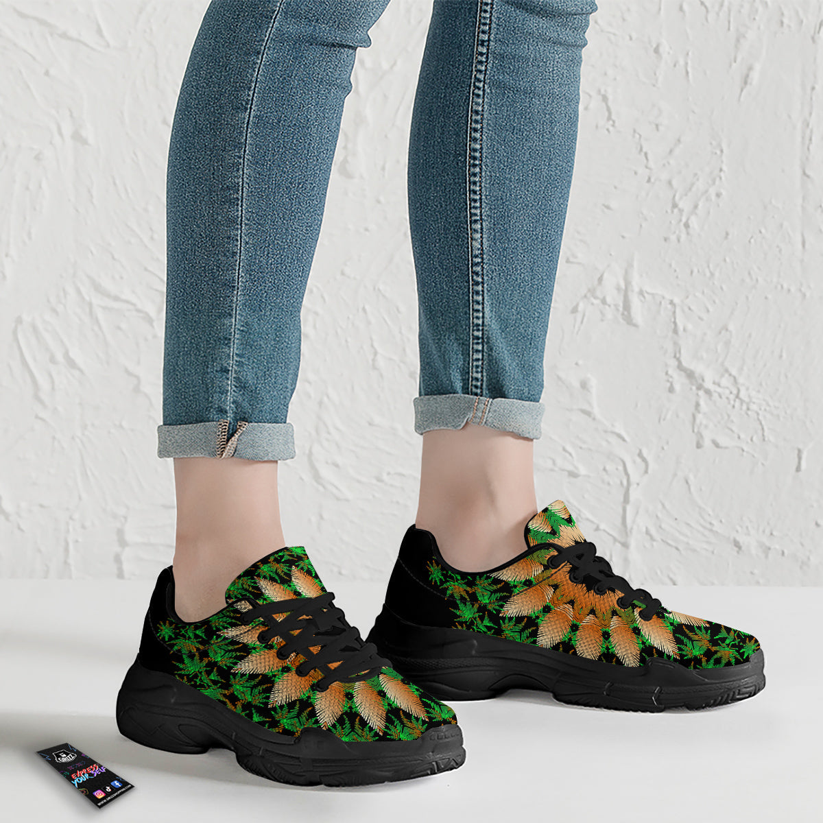 Mandala Cannabis Leaf Print Black Chunky Shoes-grizzshop