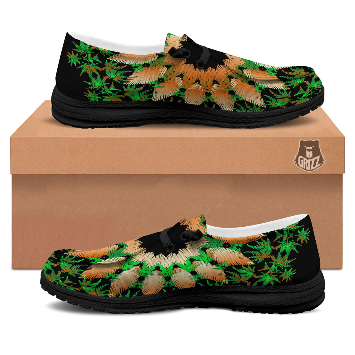 Mandala Cannabis Leaf Print Black Loafers-grizzshop