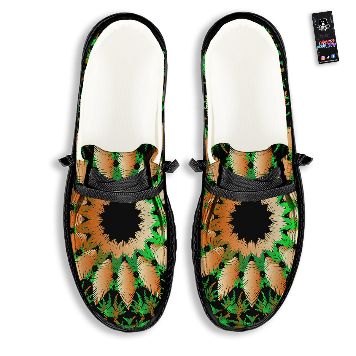 Mandala Cannabis Leaf Print Black Loafers-grizzshop