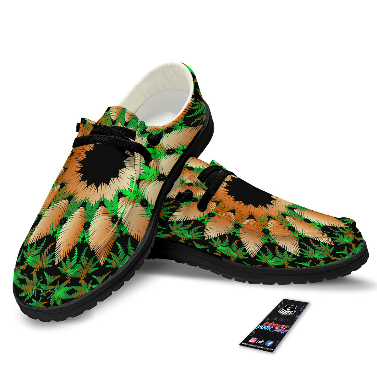 Mandala Cannabis Leaf Print Black Loafers-grizzshop