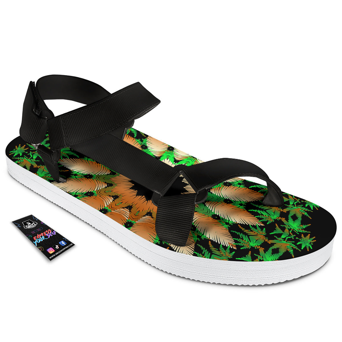 Mandala Cannabis Leaf Print Black Open Toe Sandals-grizzshop