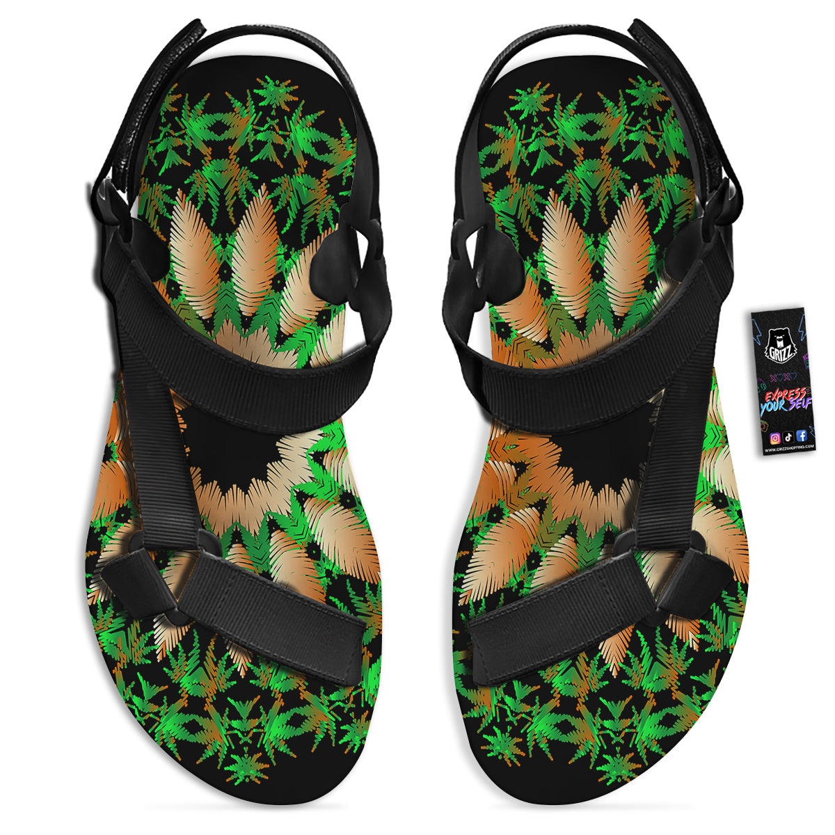 Mandala Cannabis Leaf Print Black Open Toe Sandals-grizzshop
