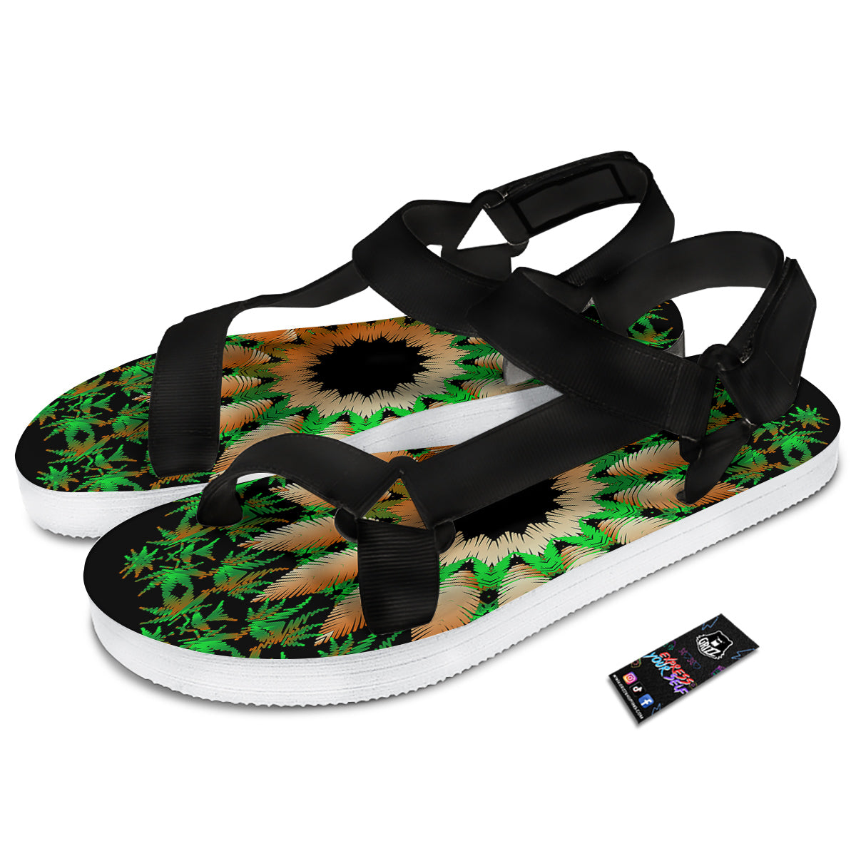 Mandala Cannabis Leaf Print Black Open Toe Sandals-grizzshop