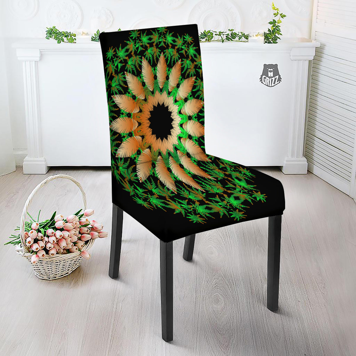 Mandala Cannabis Leaf Print Dining Chair Slipcover-grizzshop