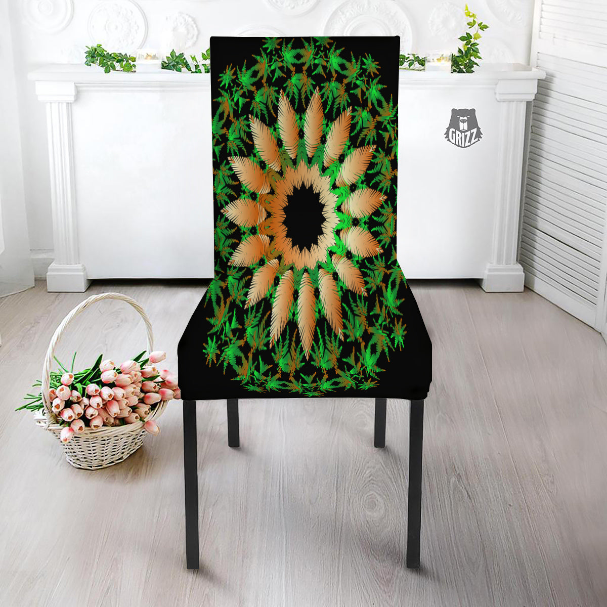 Mandala Cannabis Leaf Print Dining Chair Slipcover-grizzshop