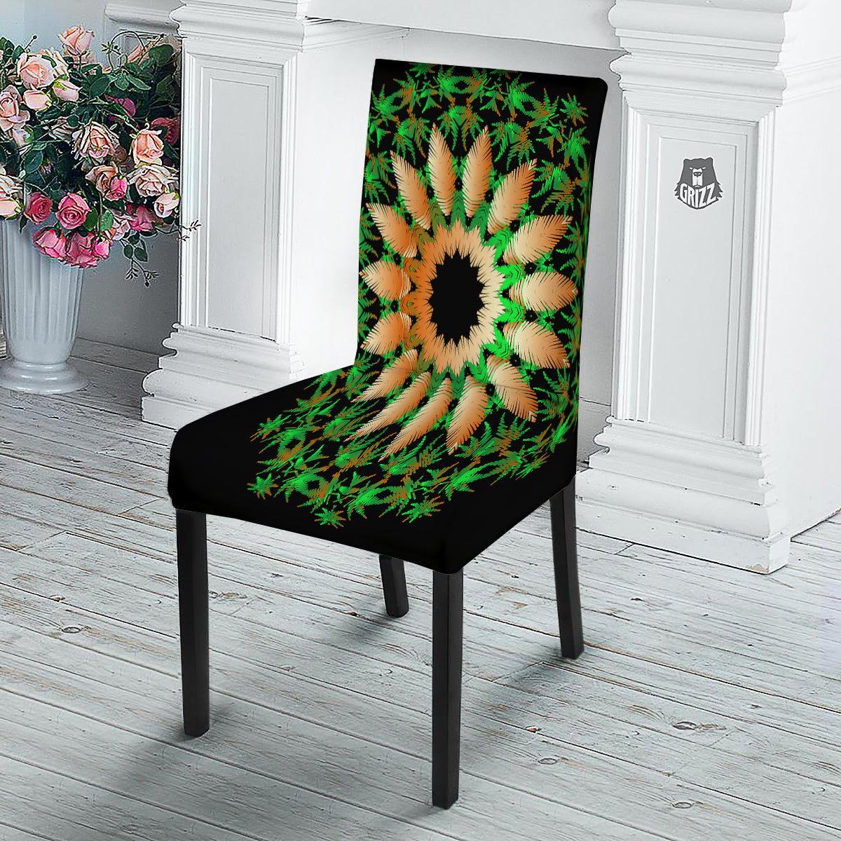 Mandala Cannabis Leaf Print Dining Chair Slipcover-grizzshop