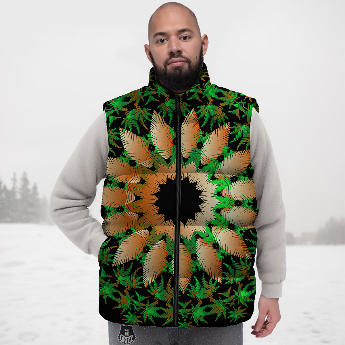 Mandala Cannabis Leaf Print Down Vest