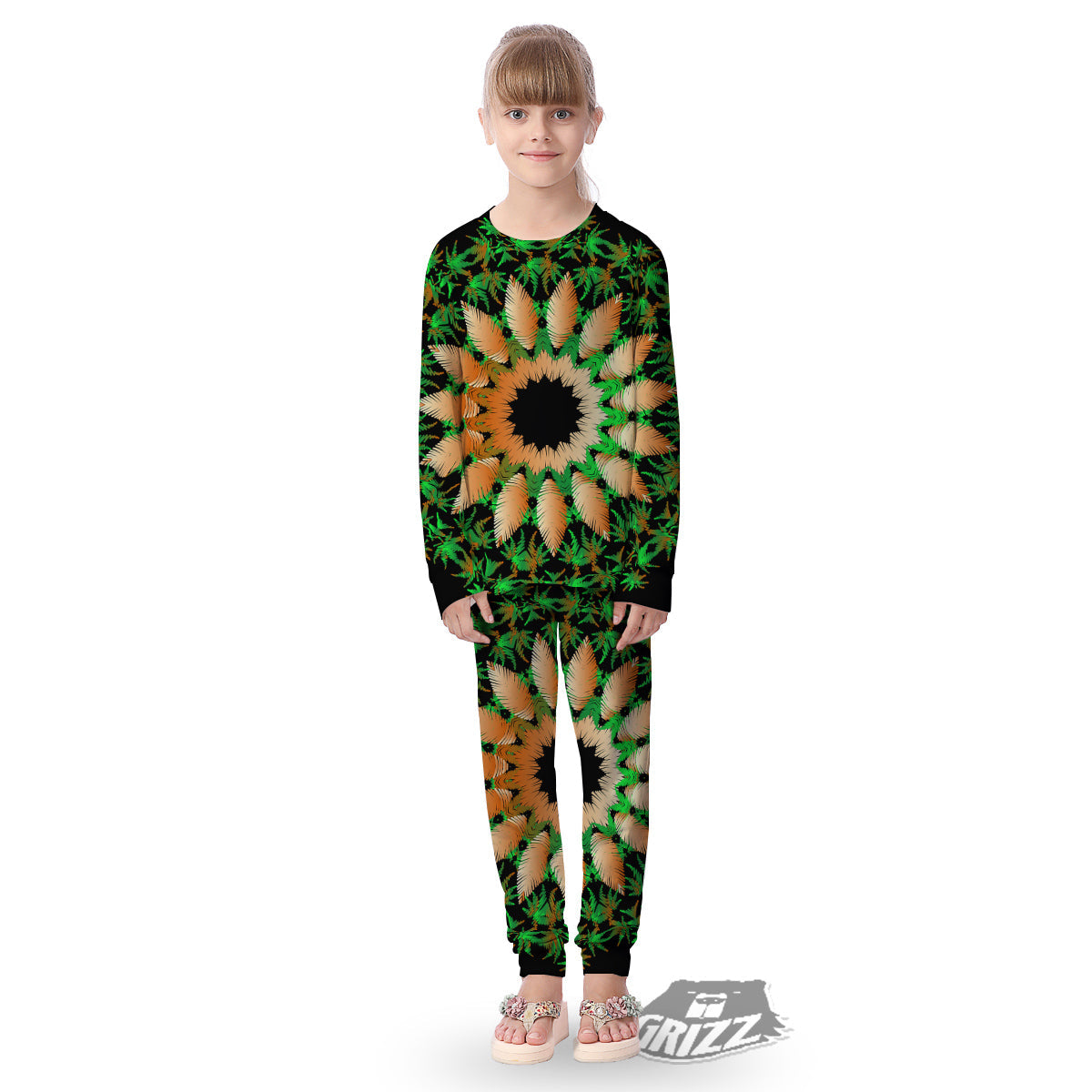 Mandala Cannabis Leaf Print Kid's Pajamas-grizzshop