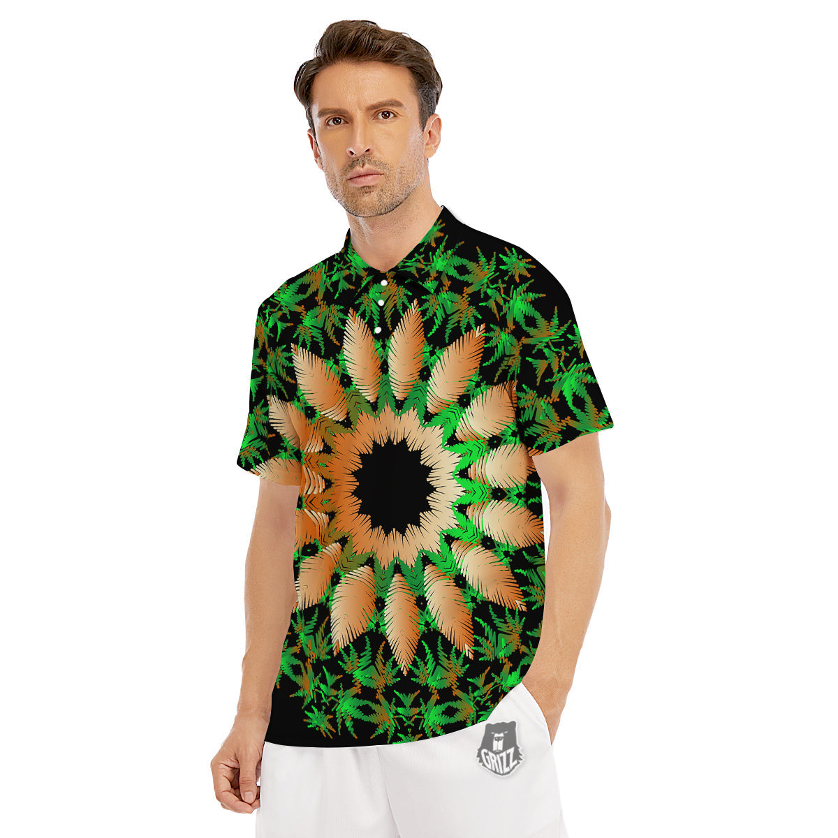 Mandala Cannabis Leaf Print Men's Golf Shirts-grizzshop