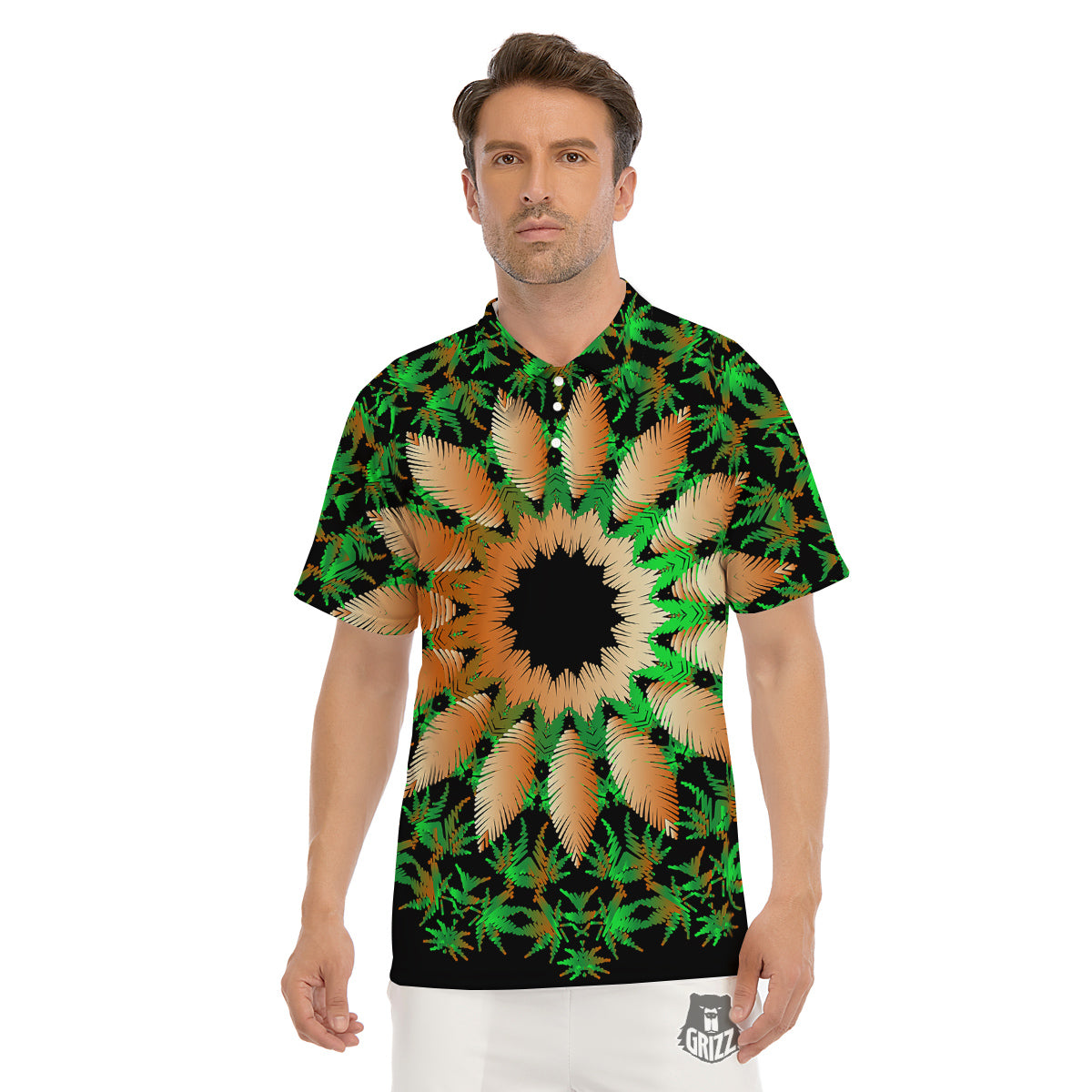 Mandala Cannabis Leaf Print Men's Golf Shirts-grizzshop