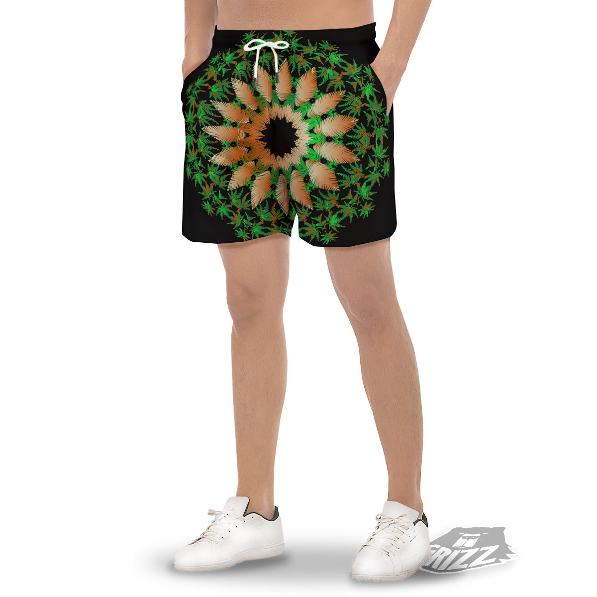 Mandala Cannabis Leaf Print Men's Gym Shorts-grizzshop