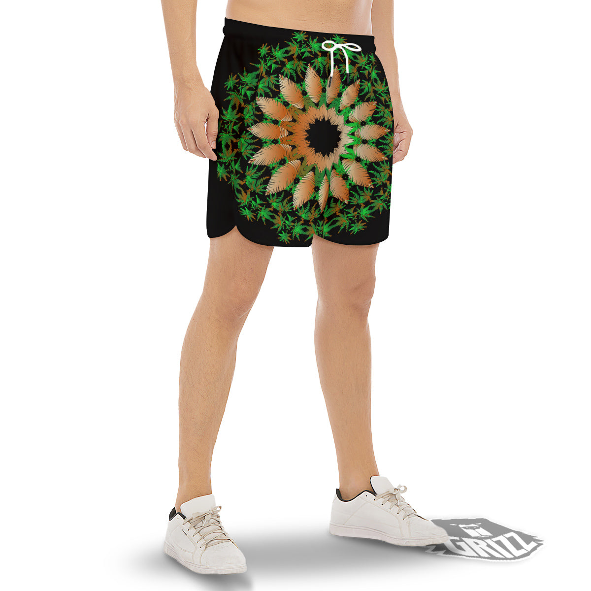 Mandala Cannabis Leaf Print Men's Gym Shorts-grizzshop