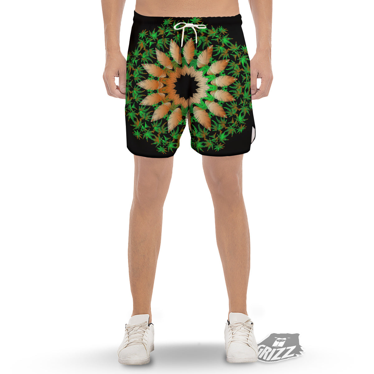 Mandala Cannabis Leaf Print Men's Gym Shorts-grizzshop