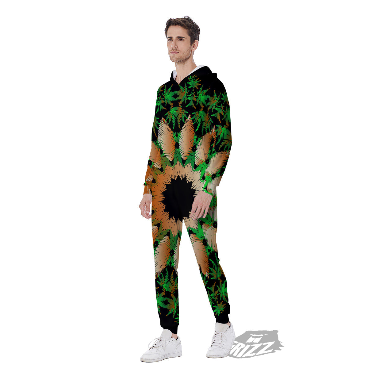 Mandala Cannabis Leaf Print Men's Jumpsuit-grizzshop