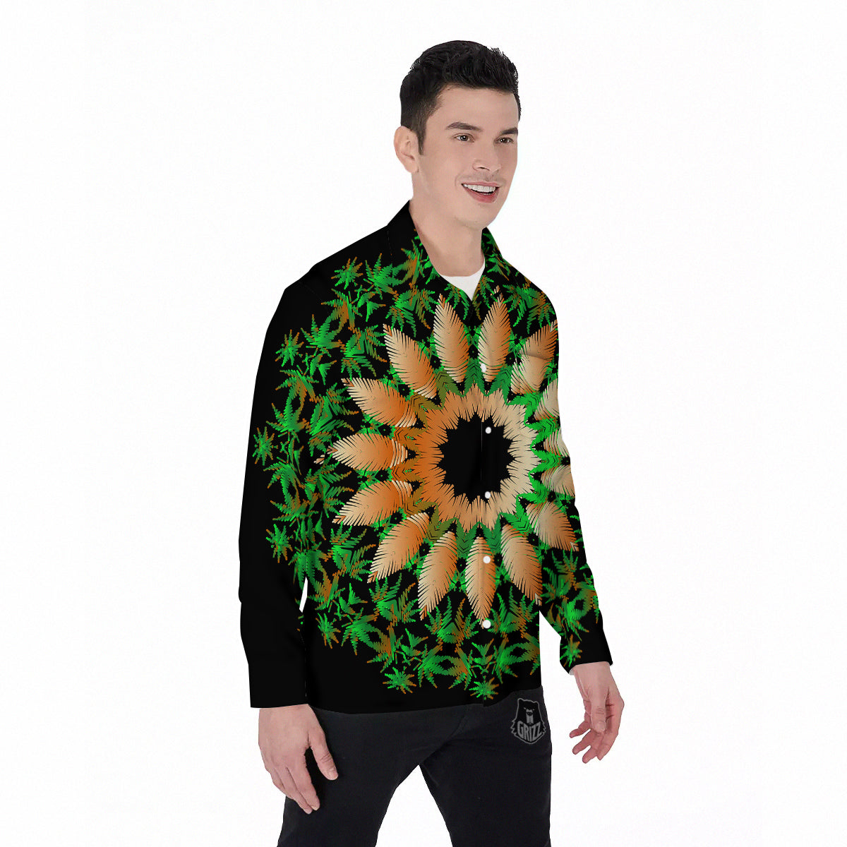 Mandala Cannabis Leaf Print Men's Long Sleeve Shirts-grizzshop