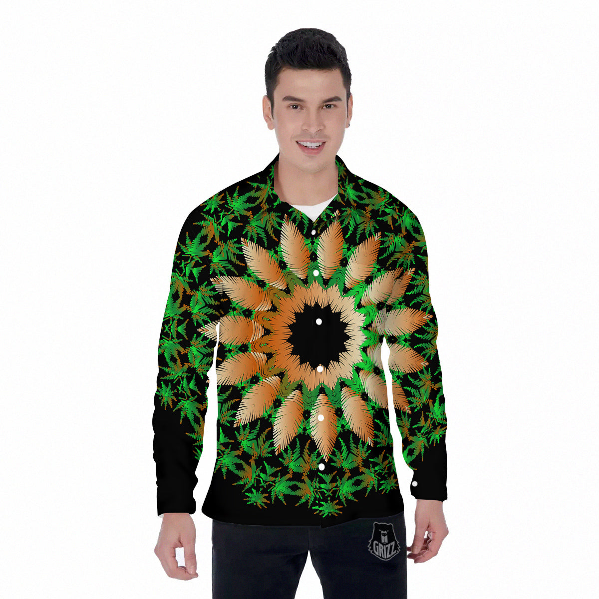 Mandala Cannabis Leaf Print Men's Long Sleeve Shirts-grizzshop