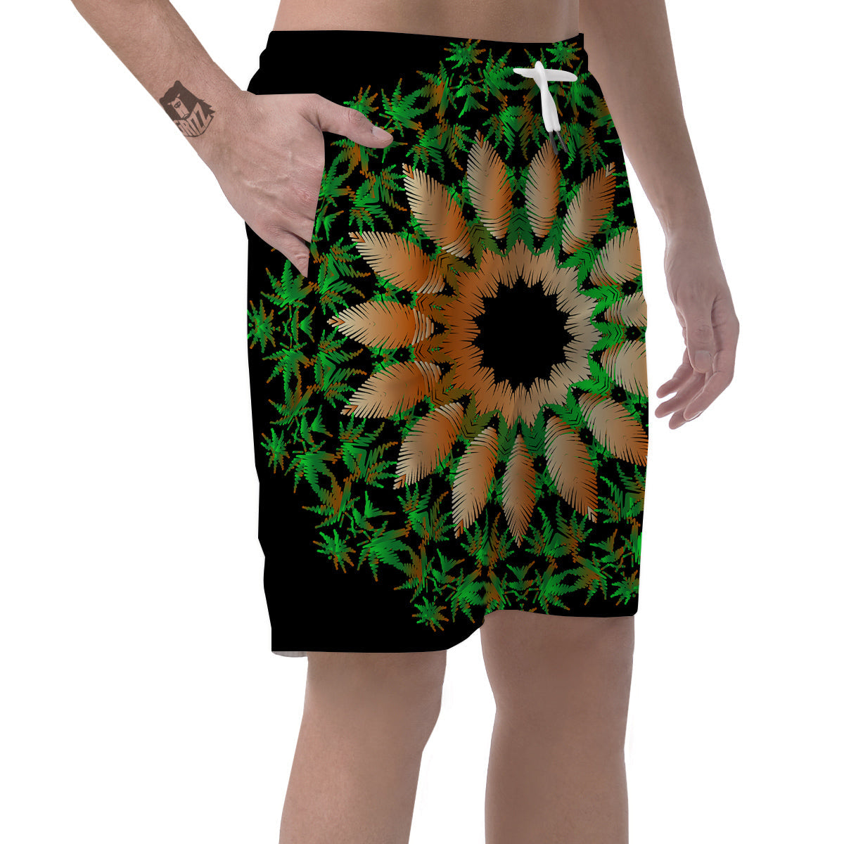 Mandala Cannabis Leaf Print Men's Shorts-grizzshop