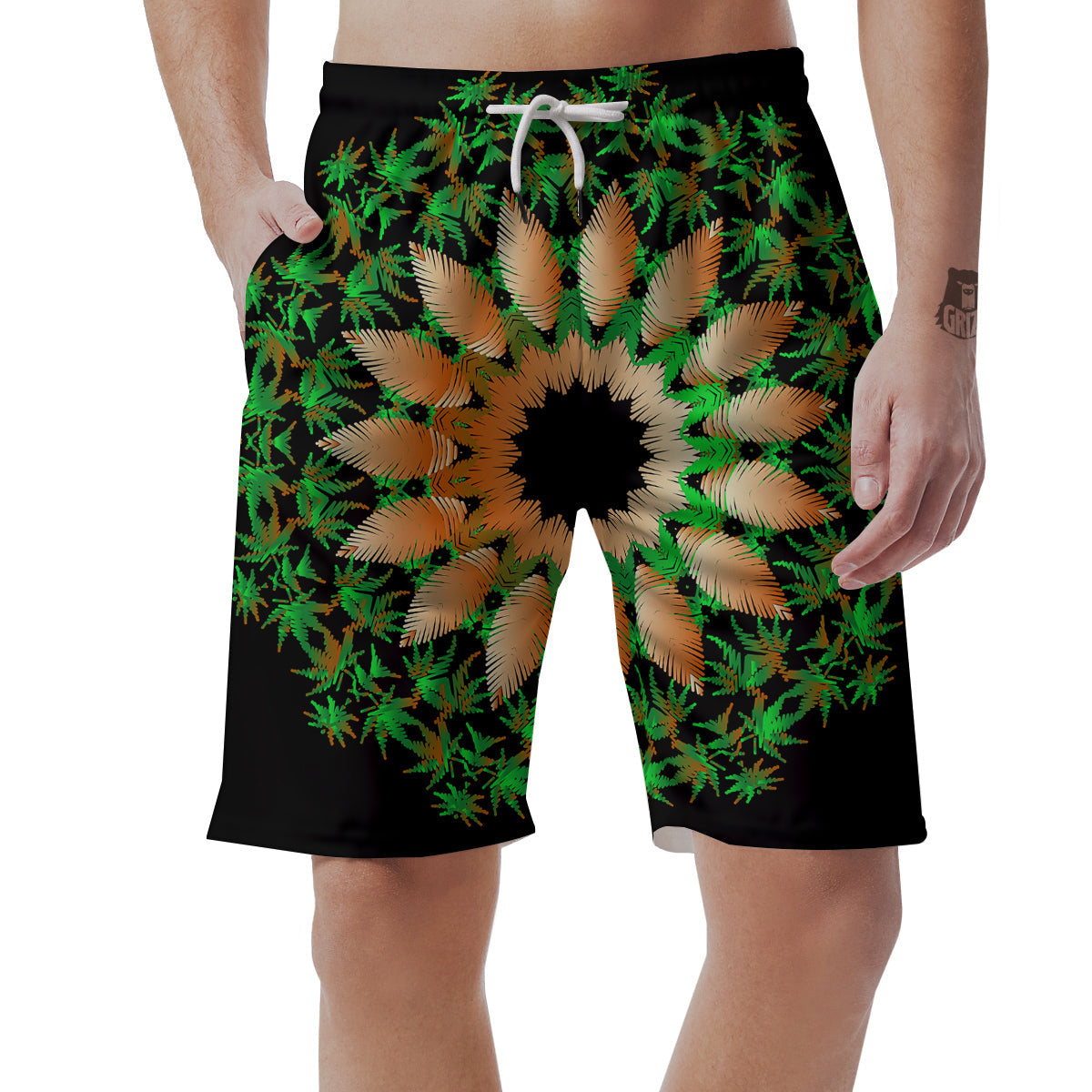 Mandala Cannabis Leaf Print Men's Shorts-grizzshop