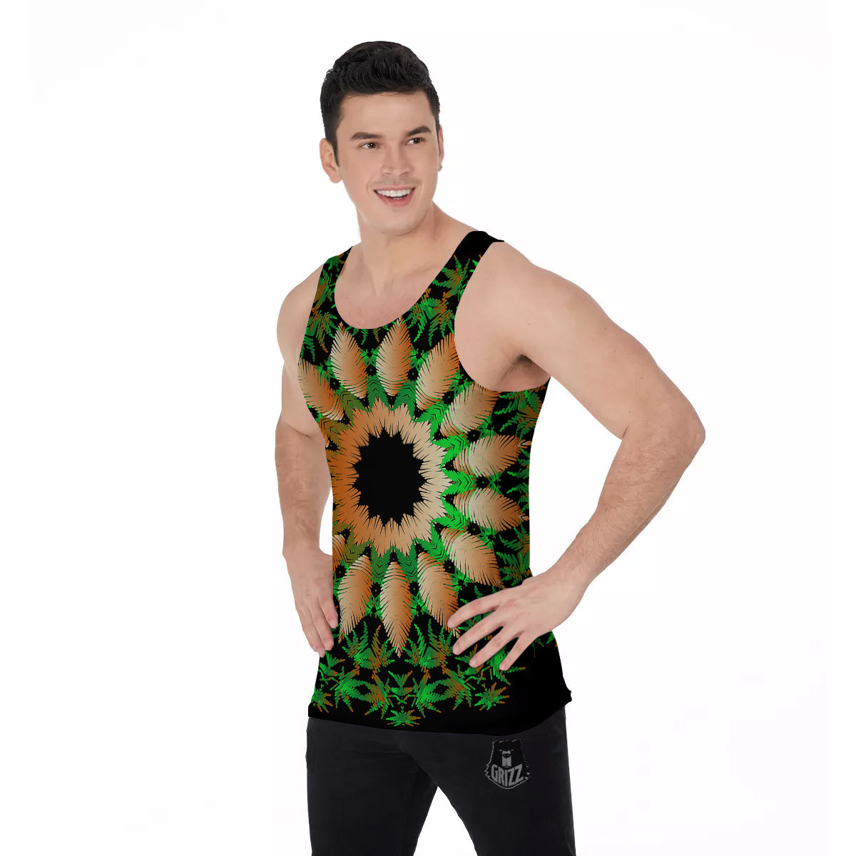 Mandala Cannabis Leaf Print Men's Tank Top-grizzshop