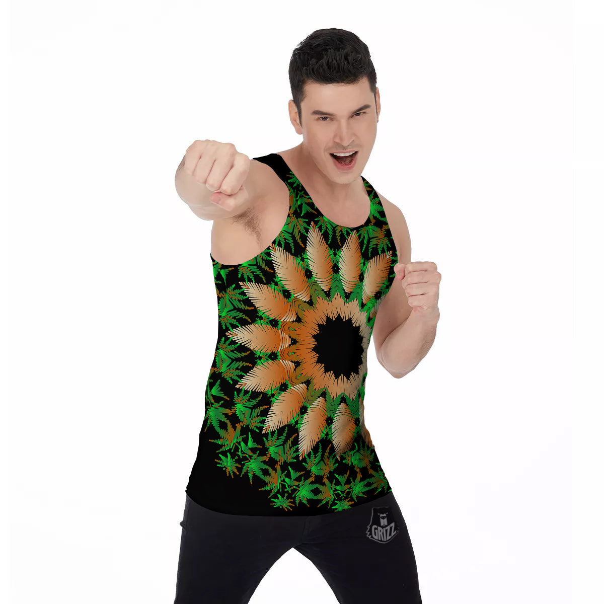 Mandala Cannabis Leaf Print Men's Tank Top-grizzshop
