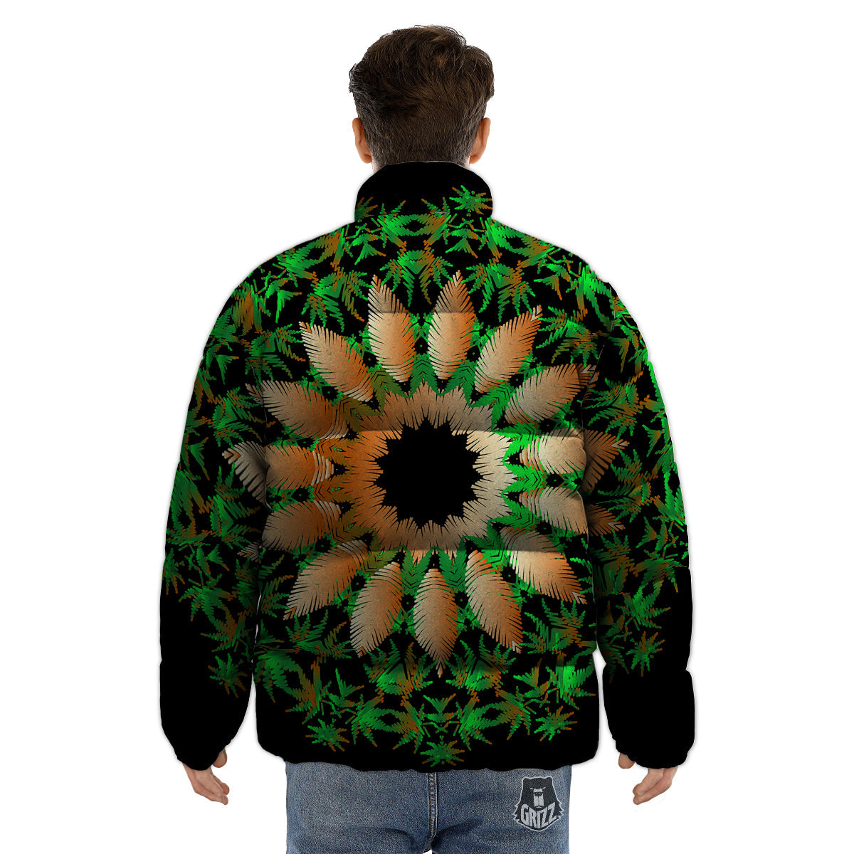 Mandala Cannabis Leaf Print Puffer Jacket-grizzshop