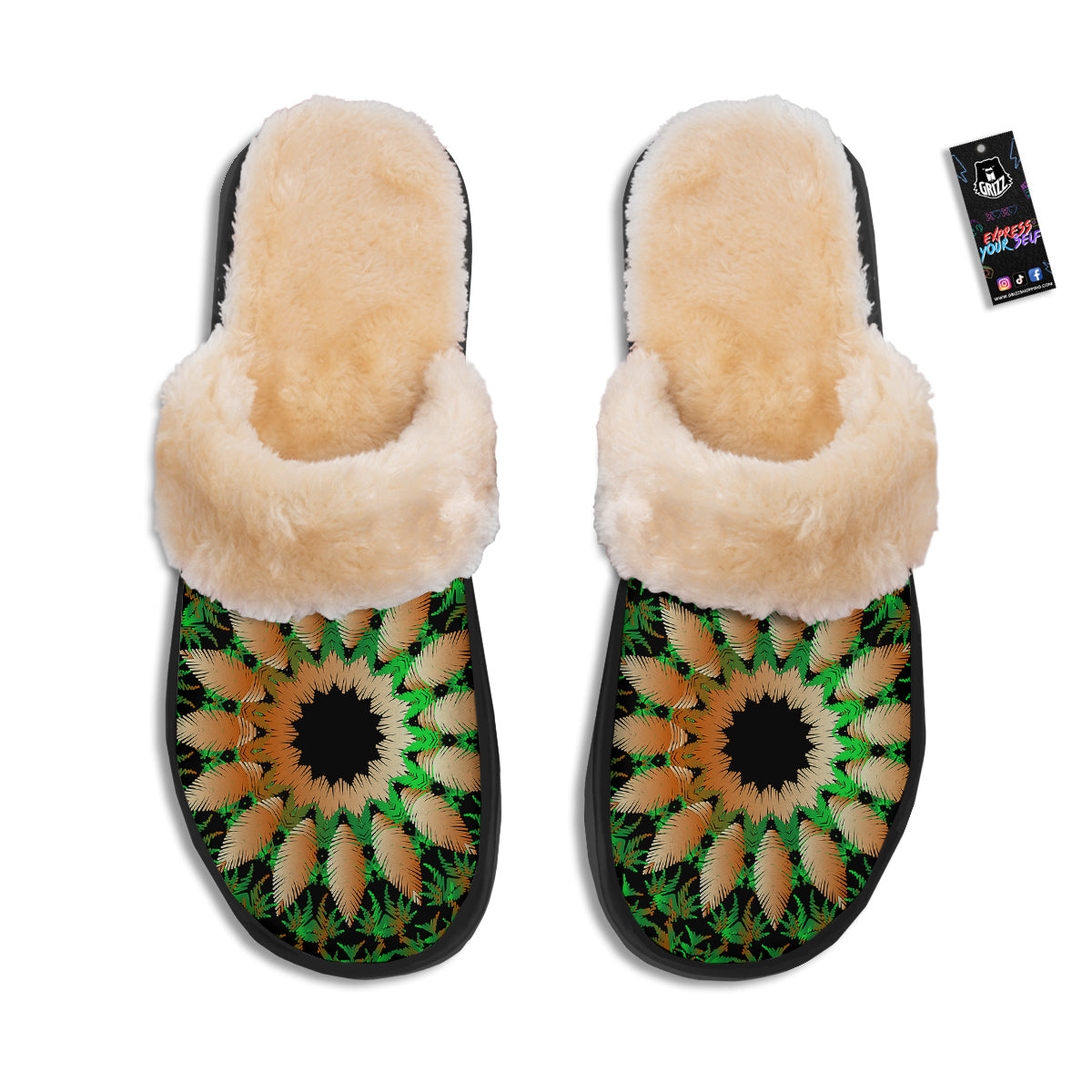 Mandala Cannabis Leaf Print Slippers-grizzshop