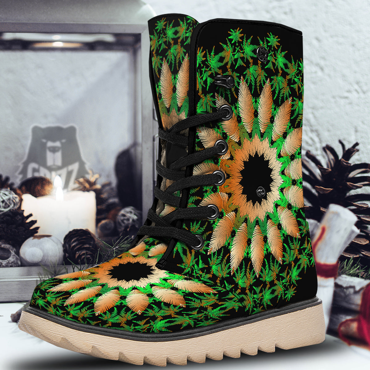 Mandala Cannabis Leaf Print Snow Boots-grizzshop