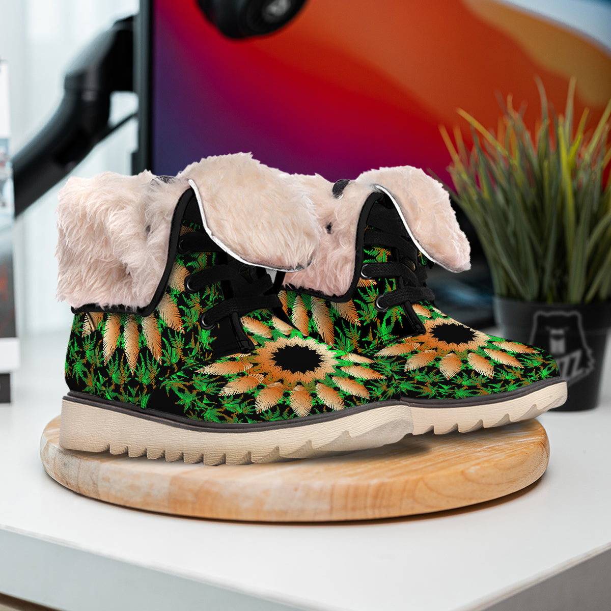 Mandala Cannabis Leaf Print Snow Boots-grizzshop