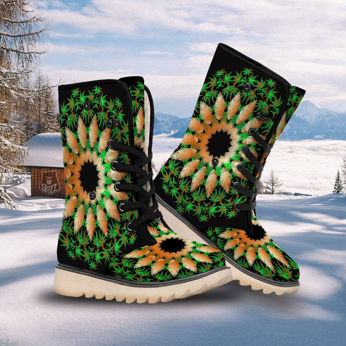 Mandala Cannabis Leaf Print Snow Boots-grizzshop