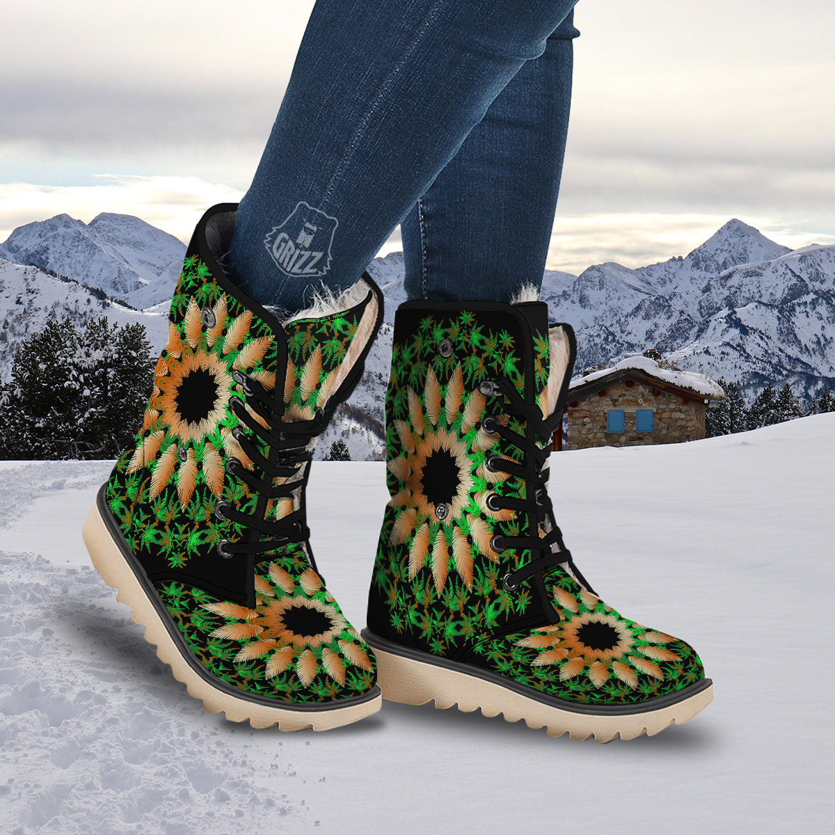 Mandala Cannabis Leaf Print Snow Boots-grizzshop