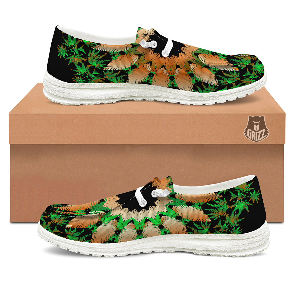 Mandala Cannabis Leaf Print White Loafers-grizzshop
