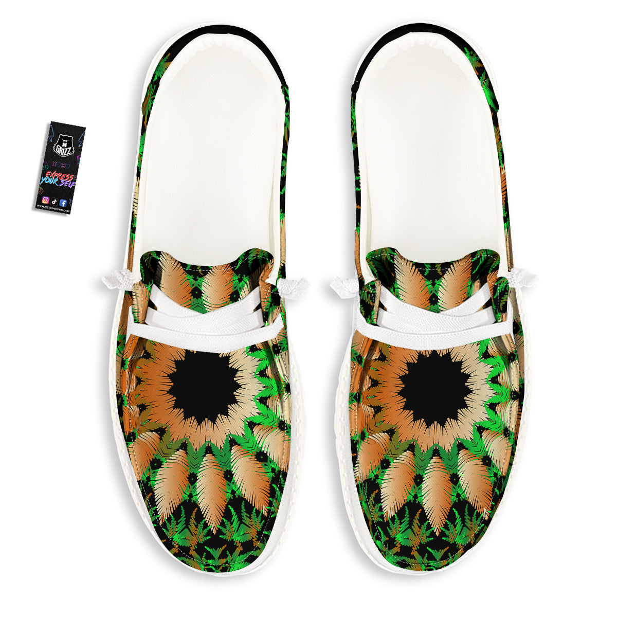 Mandala Cannabis Leaf Print White Loafers-grizzshop