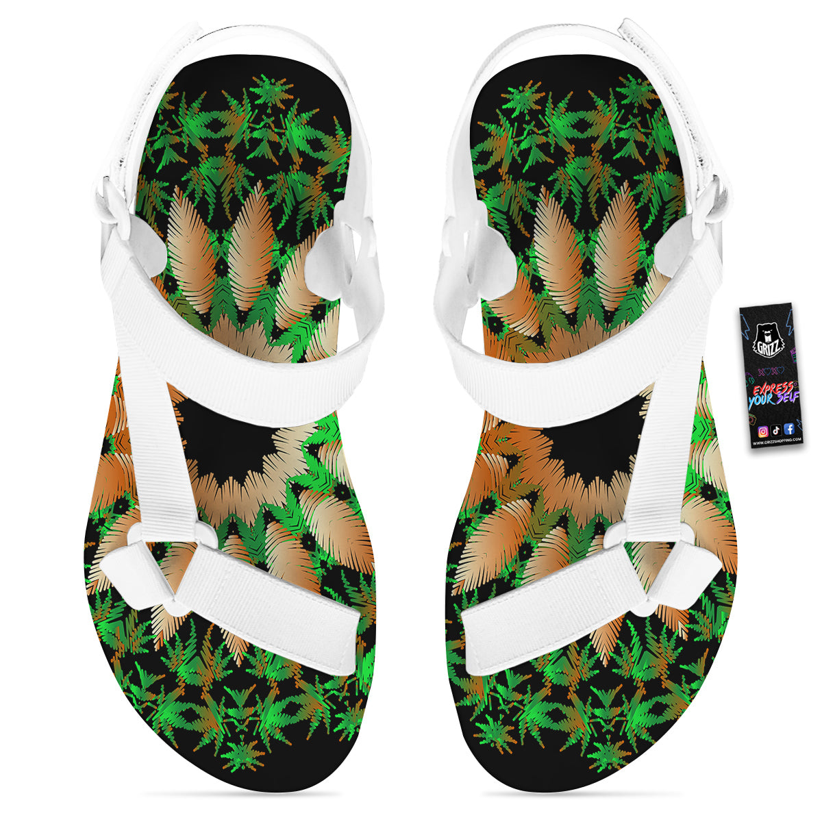 Mandala Cannabis Leaf Print White Open Toe Sandals-grizzshop